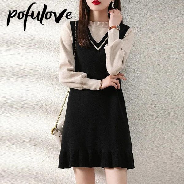 

women's sweaters sweater dress ruffle fake two-piece splicing pullover knitwear korean lady style trendy autumn and winter, White;black