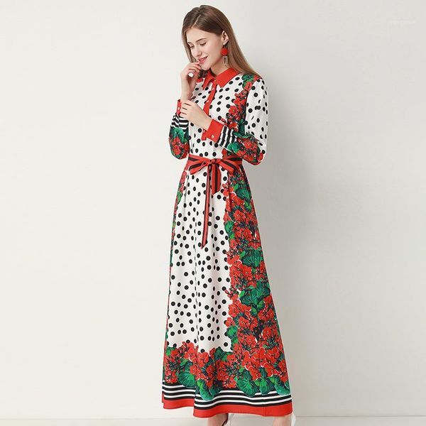 

casual dresses miuximao 2021 sring dress full and flare sleeve flower dot print elegant beach long women vestido with belt, Black;gray
