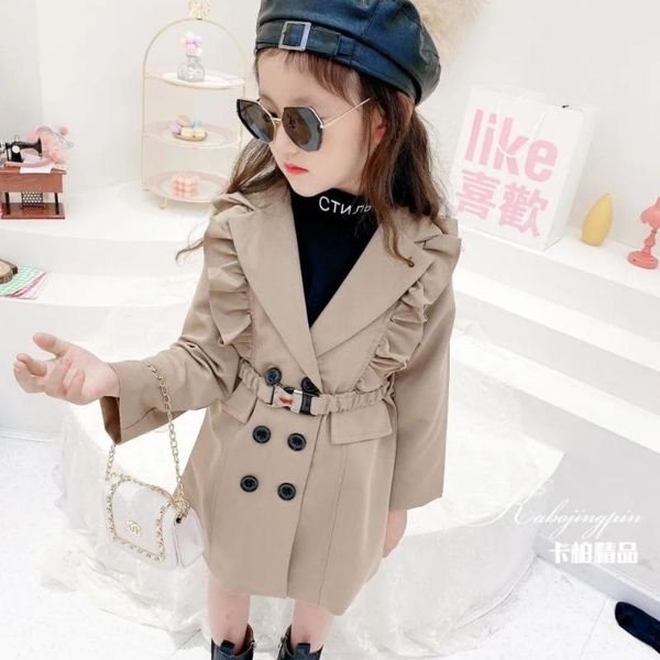 

coat girls double breasted windbreaker autumn 2021 foreign style childrens spring kids girl clothes, Blue;gray