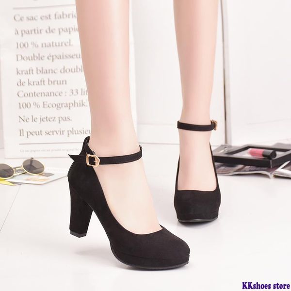 

dress shoes strap high heels sweet women's pumps flock woman thick platform mary jane women party buckle ladies footwear, Black