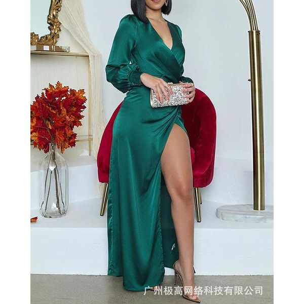 

casual dresses women dress autumn women's green long sleeve split fashion v neck vestidos donsignet, Black;gray