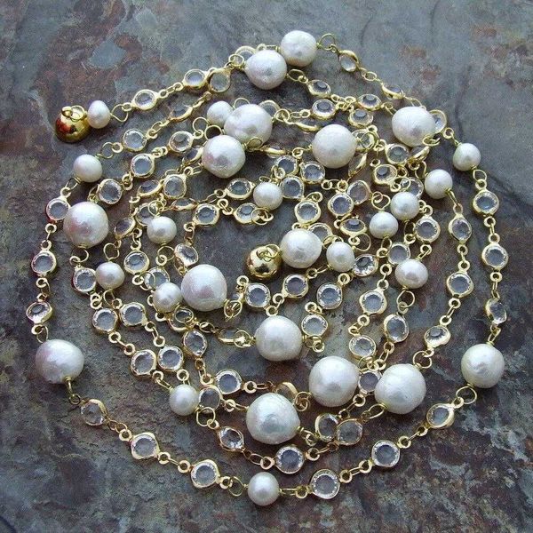 

69'' white round keshi pearl crystal chain necklace, Silver
