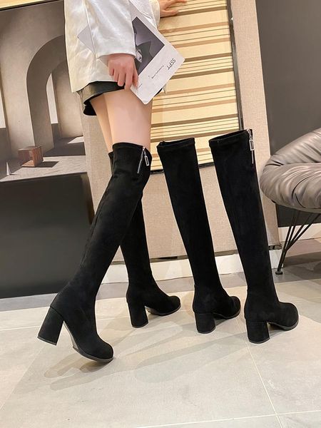 

boots women 2021 female shoes round toe zipper thigh high heels ladies rubber autumn black over-the-knee