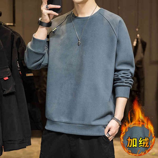 

men's long sved t-shirt with plush thickened slim fit, built-in sweater, de veet round neck bottomed shirt, solid color autumn and, Black