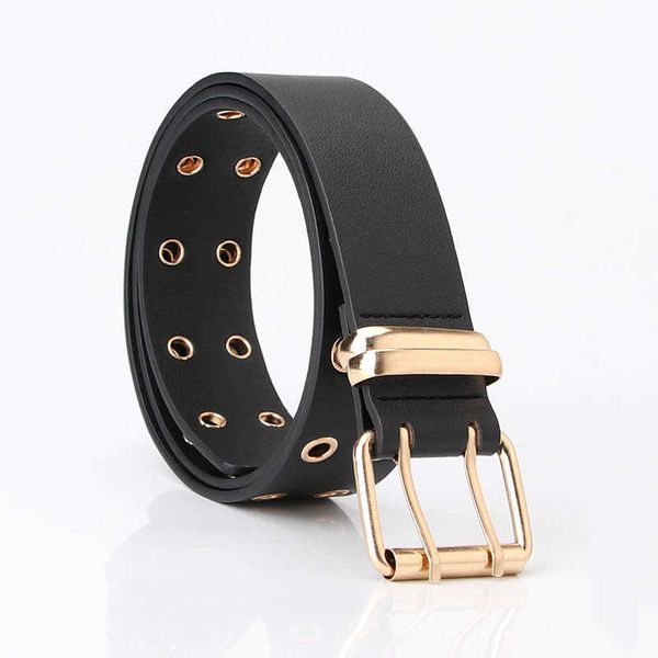 Novo ilhó de dois filas PU Cinto Mulheres Homens Moda Ouro Pin Buckle Cintos Fêmea Jeans Vestido Marca Design Cintura 2021 G1026