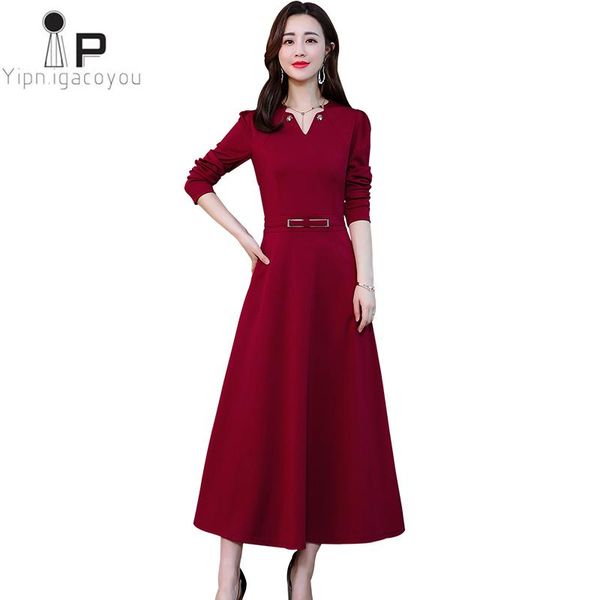 

casual dresses fashion women long dress spring autumn 2021 elegant v neck sleeve plus size slim temperament ladies, Black;gray