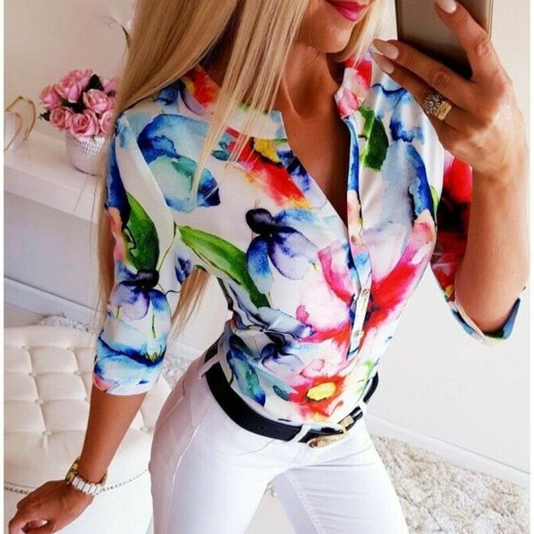 

summer women 3/4 sleeve loose t shirt floral print v neck t-shirts ol ladies plain casual button blusa tshirt women, White