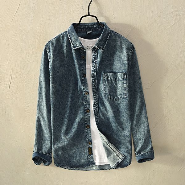 

2021 new japanese style retro men cotton square collar denim blue shirts male long sleeve solid shirt mens camisa iuns, White;black