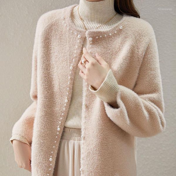 

women's jackets autumn and winter 2021 women cashmere cardigan female fashion knitted round neck pearl long sleeve coat elegant 1185, Black;brown