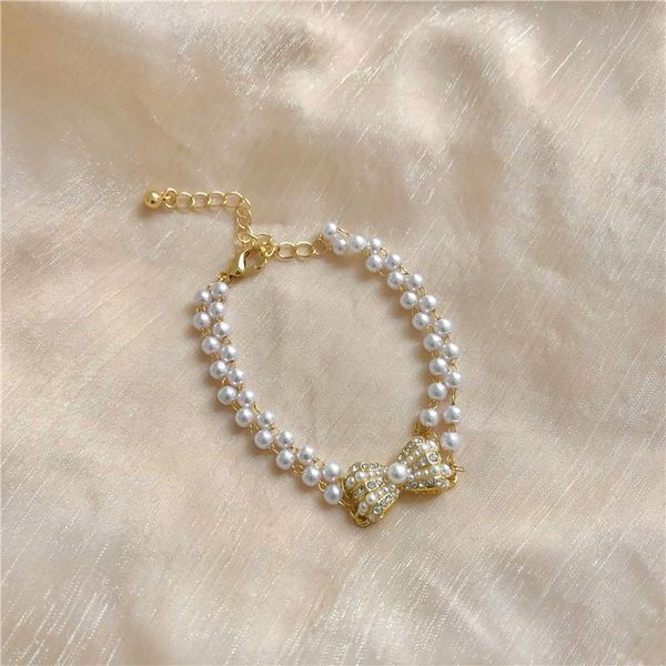 

beaded, strands fashion retro temperament all-match bracelet double round bead crystal bow women, Black