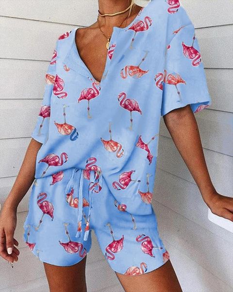 

pajama set short sleeve womens sleepwears loose v neck flamingo print graphic t shirts and shorts 2 piece sets activewear, Black;red