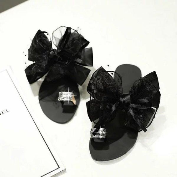 

slippers casual summer women's 2021 sweet and simple set toe all-match bow decoration fashion cute, Black