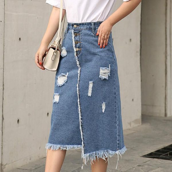 

skirts large size women's denim skirt female korean version front breasted ripped jeans hole tassel midi ta203, Black