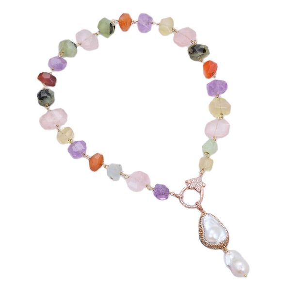 

guaiguai jewelry citrines rose quartzs amethysts prehnites necklace white keshi pearl pendant handmade for women real gems stone lady fashio, Silver