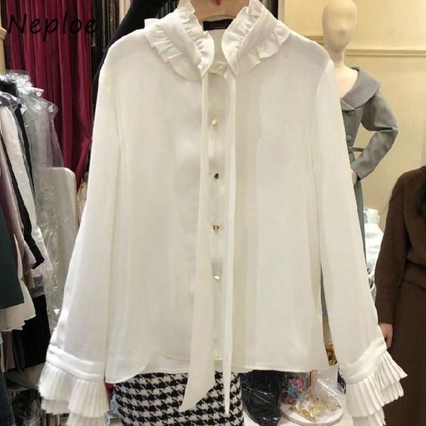 

women's blouses & shirts neploe autumn flare sleeeve women blouse korean style solid color patchwork exquisite single breasted blusas, White