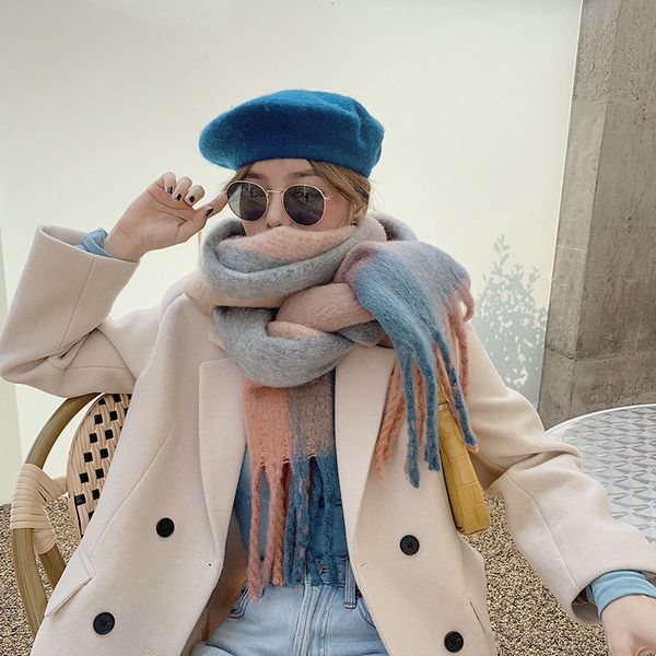

2021 new winter scarf plaid tassel shawl color blocking long scarves esdn, Blue;gray