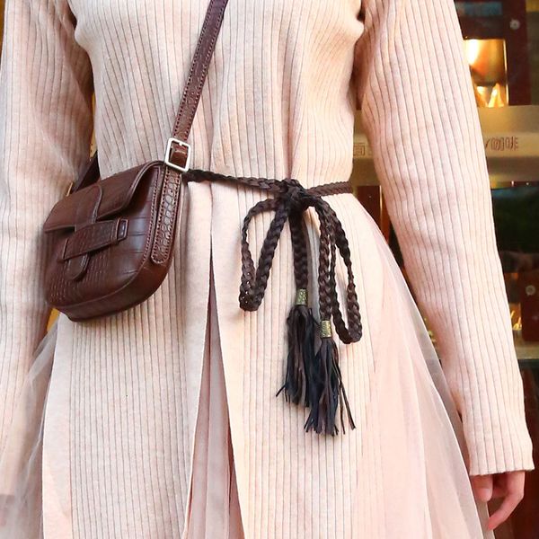 

belt designer luxury quality woven korean fashion tie bow double tassel women's thin style versatile decorative waist chain, Black;brown