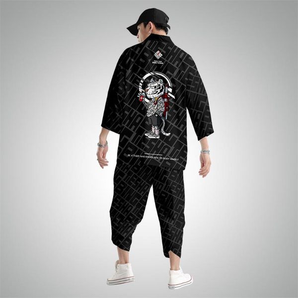 

ethnic clothing japanese cardigan haori obi yukata beach kimono cosplay shirt men black tiger print and pant suit, Red
