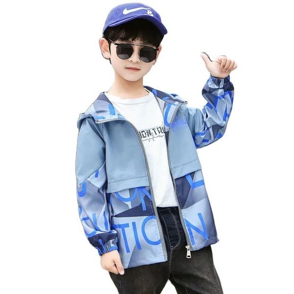 

spring & autumn polyester jackets for boy new 2021 korean version fashion hooded print coat handsome casual childrens clothing, Blue;gray
