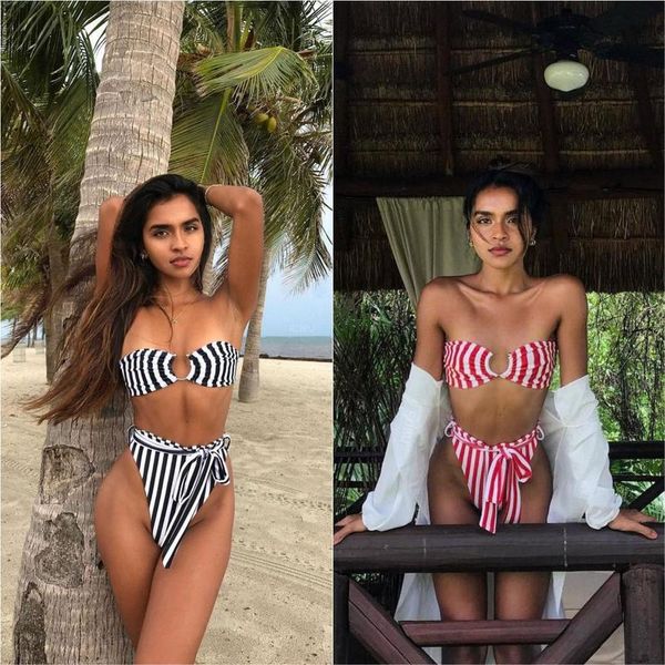 

bikini 2019 women swimwear brazilian striped high waist push up swimsuit belt beachwear bathing suits biquini bikini set