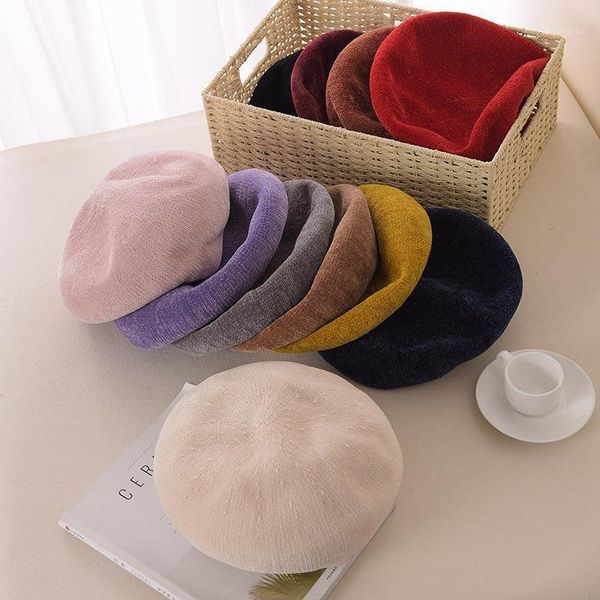 

autumn and winter beret hat ladies solid color chenille painter thick warm comfortable breathable elegant hea berets, Blue;gray