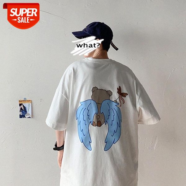 

t-shirt men and women flow loose five-point sleeve bear print hong kong style casual #mb47, White;black