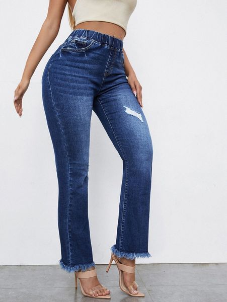 

sxy elastic waist ripped raw hem bootcut jeans r0zs#, Blue