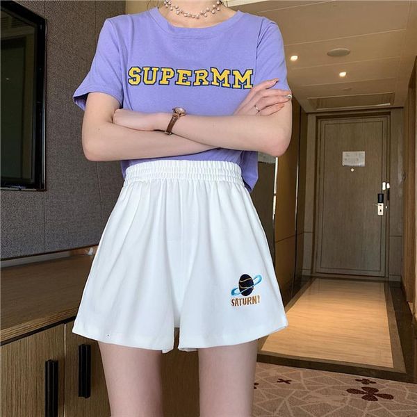 

loose solid wide leg harajuku women romper casual simple ins trendy all match straight planet embroidery shorts summer, Black;white