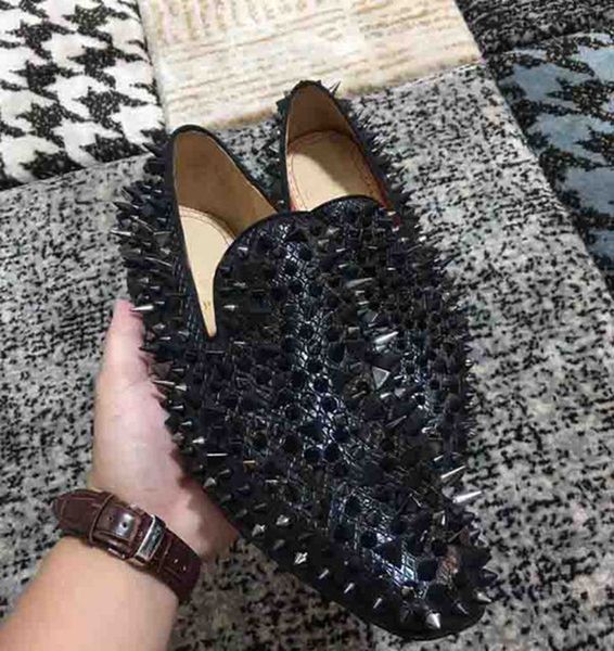 

fashion men's luxury designer red bottom shoes loafers for men dandy pik pik flat black patent leather spikes business wedding dress sh