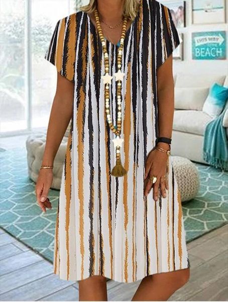 

summer loose casual dress womens tracksuits print v neck short sleeve plus size dresses woman large beach boho yellow, Gray