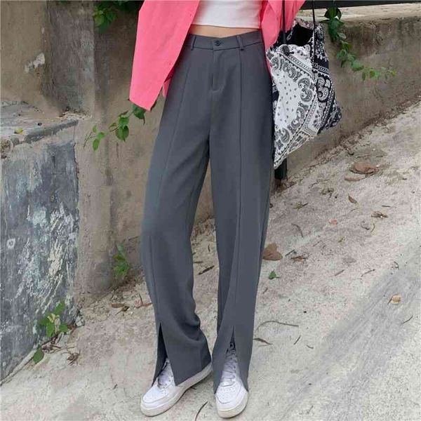 

women's pants & capris ladies solid split wide leg summer high waist slim femme new loose plus size thin straight ol trousers, Black;white