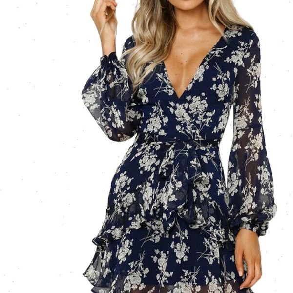 

z40 summer women dress 2021 deep v neck floral printed mini party dress beach dresses causal long sleeve, Black;gray