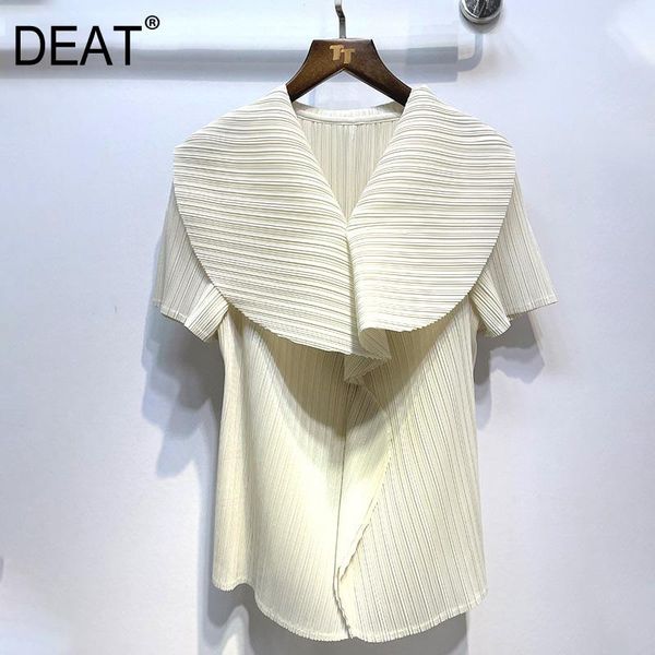 

women's t-shirt deat woman pleated t shirt solid ruffls lapel collar short sleeve loose waist pullover casual style 2021 summer 15xf57, White