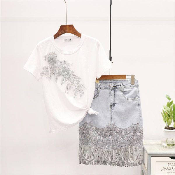 

summer new fashion beading embroidery t-shirt sequins tassel denim skirt set women loose white tee short jeans skirt suit female, Gray
