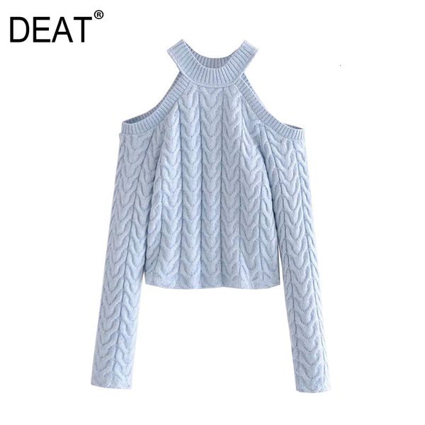 

[deat] Spring Fall 2021 New Fashion Solid Color Long Sleeve Round Sexy Neck Strapless Knitting Strap Female Sweater H894, White;black