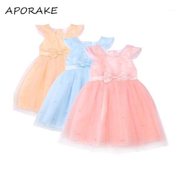 

0-5y toddler baby girls princess dress pearls bow solid color sleeve tulle tutu for birthday party girl's dresses, Red;yellow