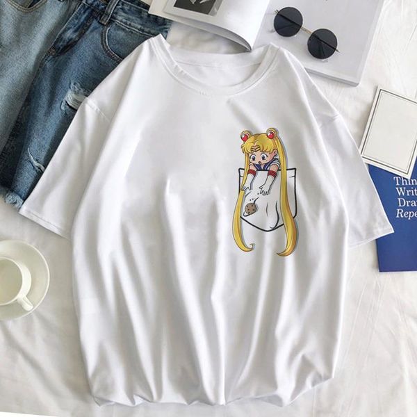 

sailor moon cat t shirt women 2021 summer kawaii style clothes harajuku tshirt ulzzang casual short sleeve tee femme t-shirt, White