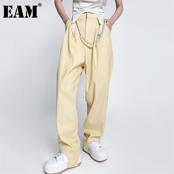 

[eam] high waist yellow long irregular stripe wide leg trousers loose fit pants women fashion spring autumn 1dd6006 211007, Black;white
