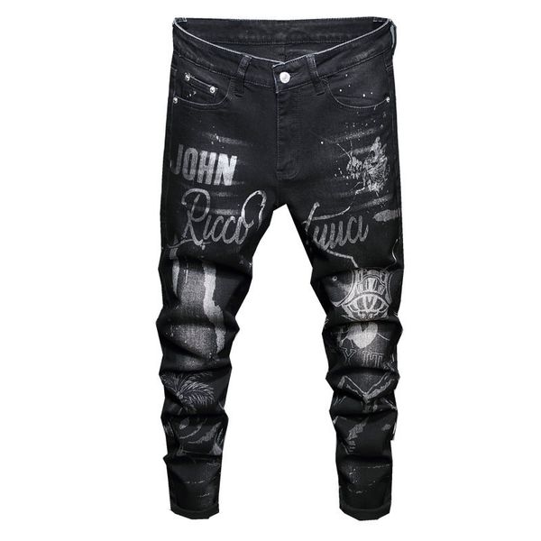 

new masculine of men original design straight stretch jeans card print fine black fashion denim pants 3003 lmi0, Blue