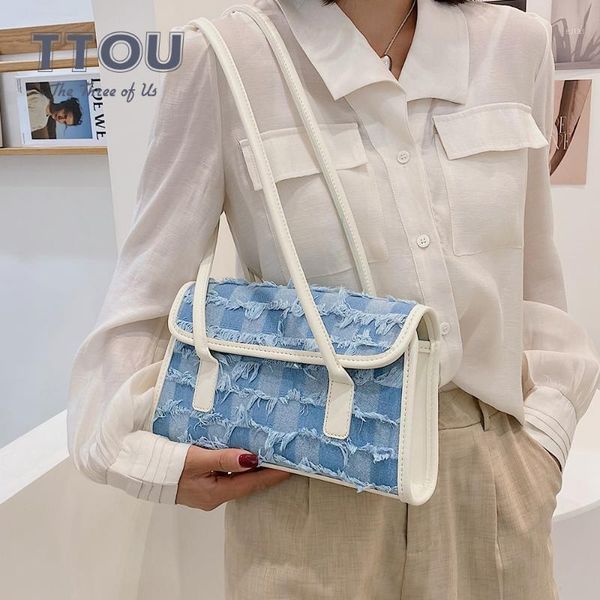 

evening bags denim canvas plush edge female shoulder bag retro underarm handbag fashion pu leather strap baguette shape for women1