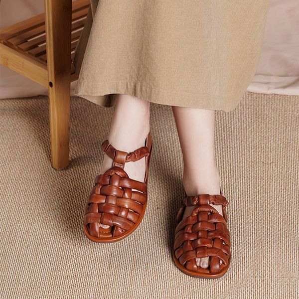 

sandals birkuir genuine leather women weaving closed toe summer flat with hollow comfort handmade concise leisure ladies shoes, Black