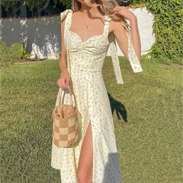 

2021 summer new women's dress fashion lace up floral open back split skirt women's dress summer, White