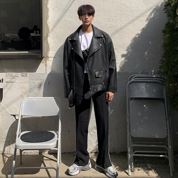 

men's fur & faux leather black pu men jacket coat 2021 spring fashion zipper turn-down collar biker jackets clothing 501066