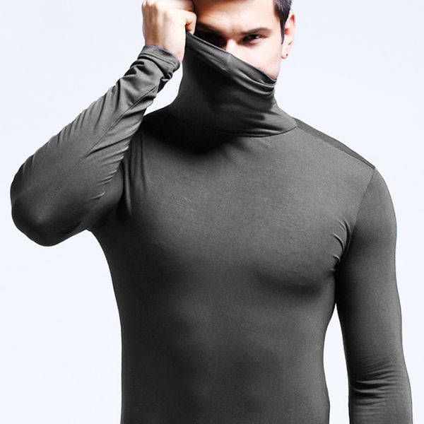

2021 new men's solid thermal underwear autumn winter turtle neck high collar tshirts long sleeve slim fit warm men e3kd, Black;pink