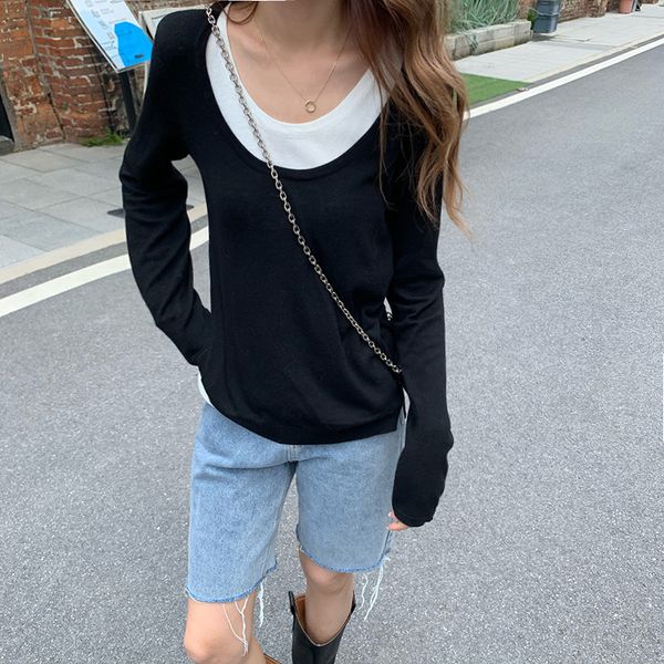 

new elegant retro color-hit loose knitted basewear 2021 knitwear ol minimalist outwear vintage pullover women sweaters 4a30, White;black