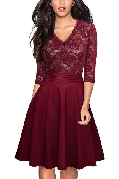 

women's swimwear chic v-neck lace patchwork flare party dress, White;black