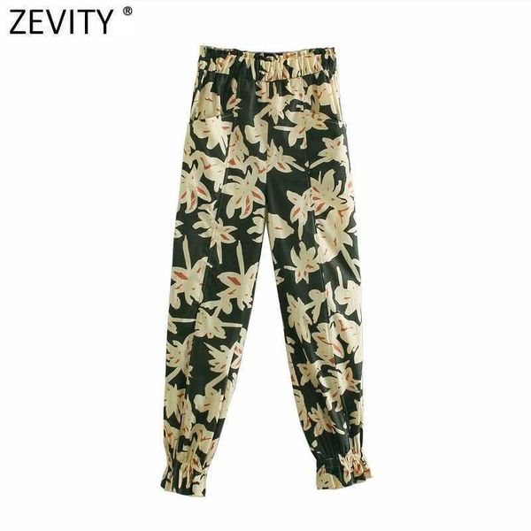 

zevity women tropical leaves print ruffles ankle length harem pants female chic elastic waist pockets casual trousers p1006 210603, Black;white