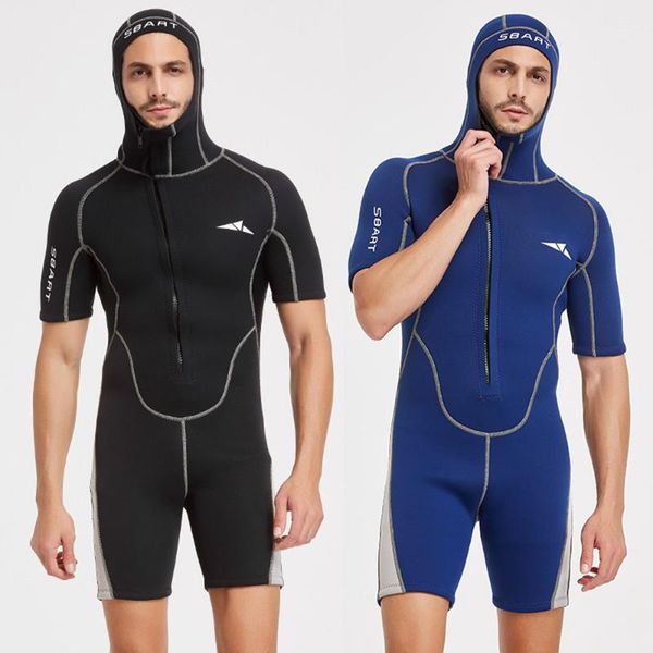 

swim wear 3mm hooded wetsuit men's one-piece short-sleeved front zipper with hat to keep warm and sunscreen snorkeling swimsuit