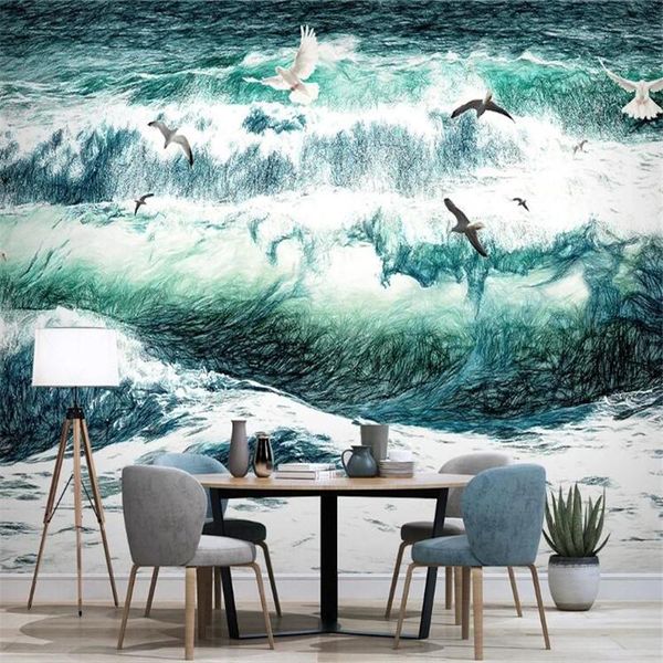 

wallpapers large 3d wallpaper mural custom hand-painted sea landscape seagull ocean wave tv sofa background