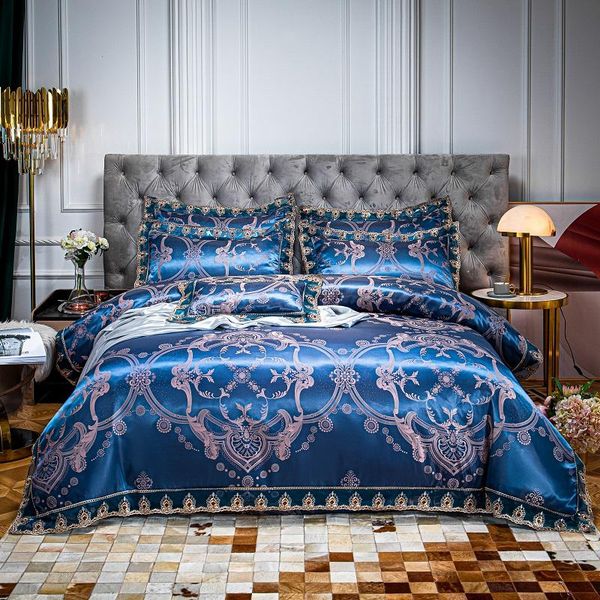

bedding sets drop wedding duvet cover set golden jacquard lace flat sheet pillowcase 4pcs european luxury blue